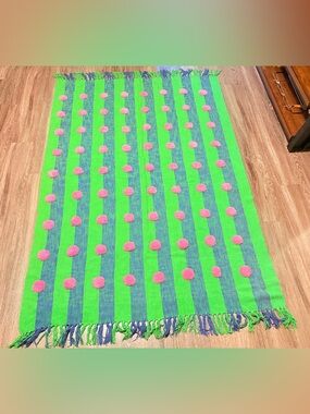 Frances Valentine x Annie Selke Green & Navy With Pink Pom Dots Cheyenne Throw